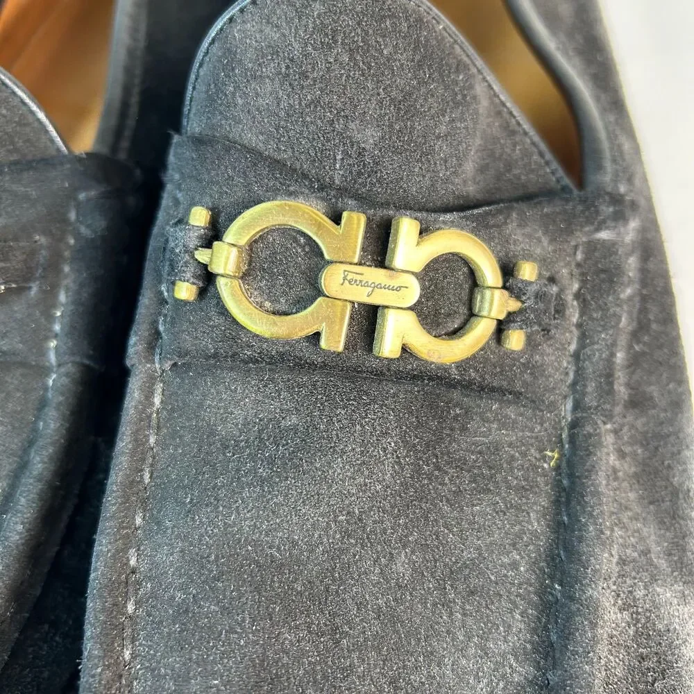 Salvatore Ferragamo Men's Black Suede Gancini Logo Lug Sole Loafers Size 11D